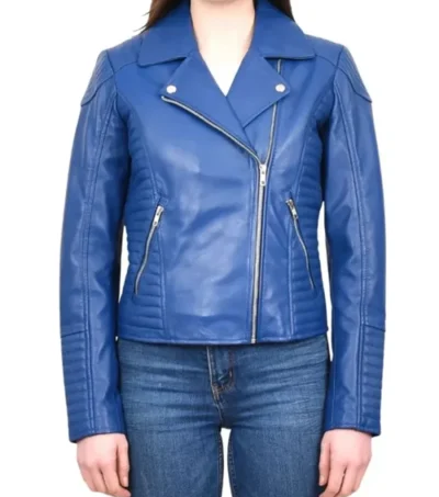 Women Blue Biker Zipper Leather Jacket