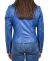 Women Blue Biker Zipper Leather Jacket Back