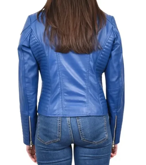 Women Blue Biker Zipper Leather Jacket Back