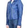 Women Blue Biker Zipper Leather Jacket Side Look