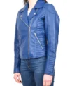 Women Blue Biker Zipper Leather Jacket Side Look