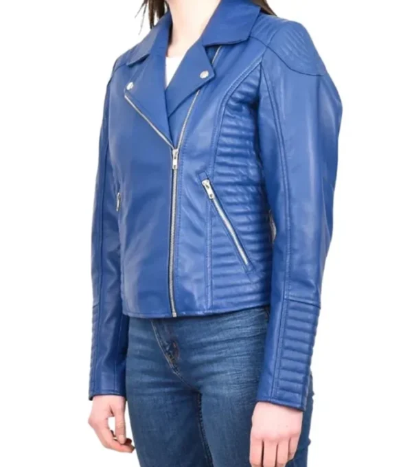 Women Blue Biker Zipper Leather Jacket Side Look