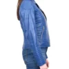 Women Blue Biker Zipper Leather Jacket Sides Look