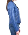 Women Blue Biker Zipper Leather Jacket Sides Look