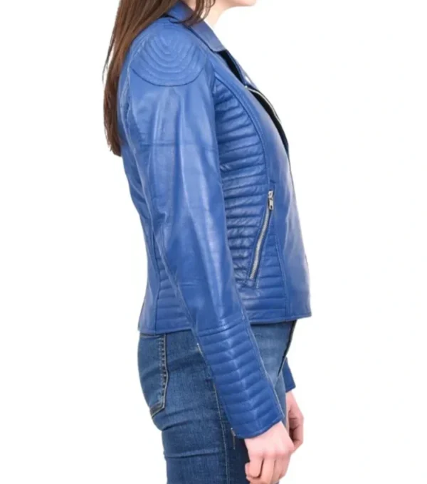 Women Blue Biker Zipper Leather Jacket Sides Look