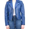 Women Blue Biker Zipper Leather Jacket on Sale