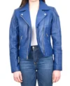 Women Blue Biker Zipper Leather Jacket on Sale