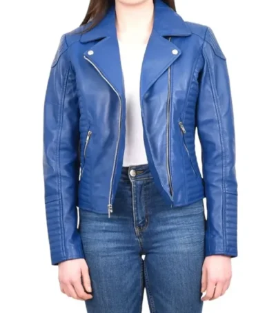 Women Blue Biker Zipper Leather Jacket on Sale