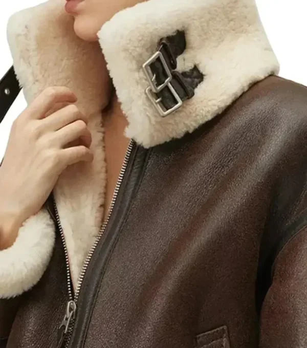 Women Brown Leather B3 Aviator Jacket Collar