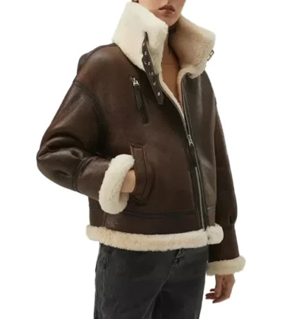 Women Brown Leather B3 Aviator Jacket Side Look