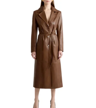 Women Brown Leather Trench Coat Classic Style