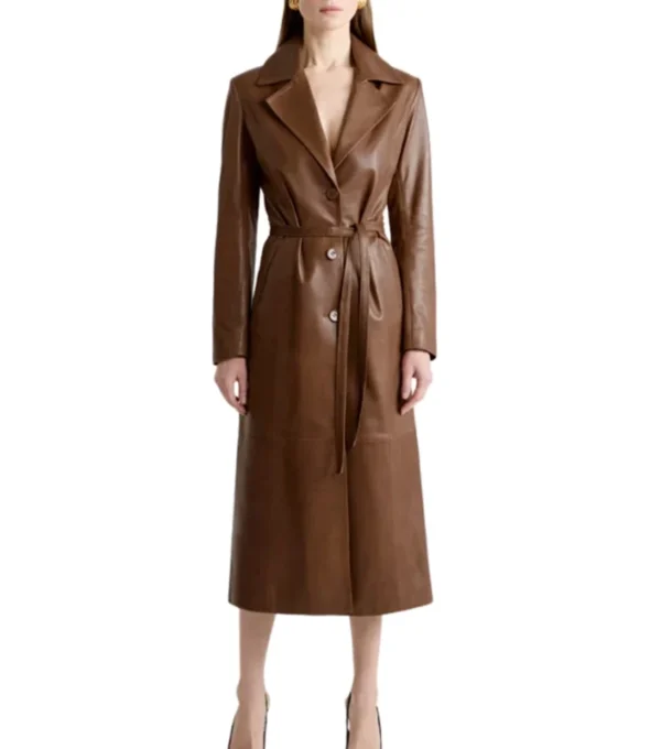 Women Brown Leather Trench Coat Classic Style