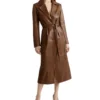 Women Brown Leather Trench Coat Classic Style Side Look