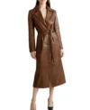 Women Brown Leather Trench Coat Classic Style Side Look
