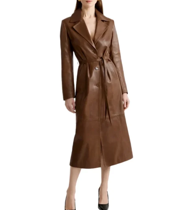 Women Brown Leather Trench Coat Classic Style Side Look