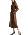 Women Brown Leather Trench Coat Classic Style on Sale
