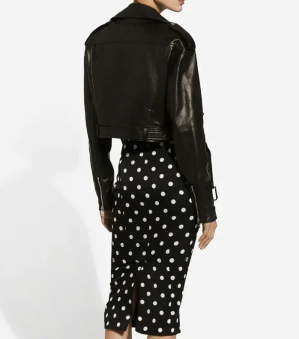 Women Cropped Belted Moto Leather Jacket Back