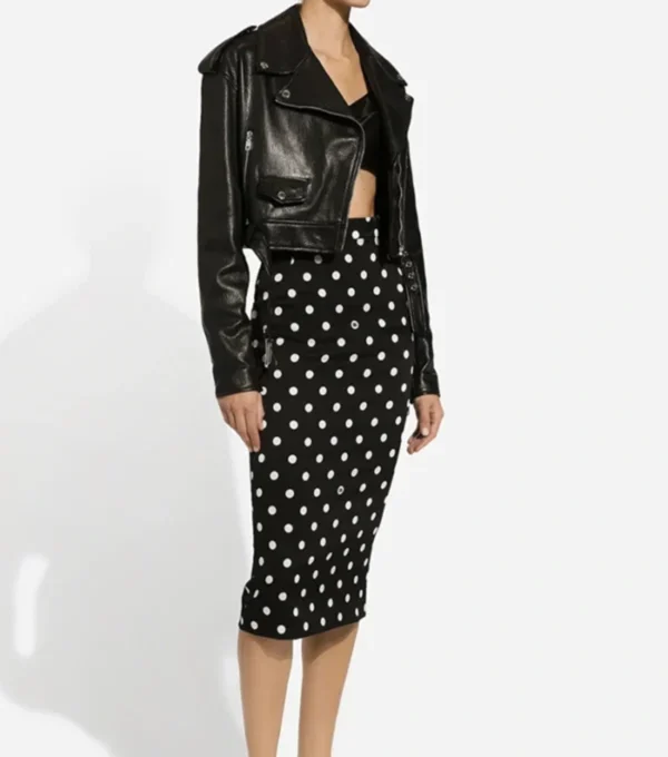Women Cropped Belted Moto Leather Jacket Front