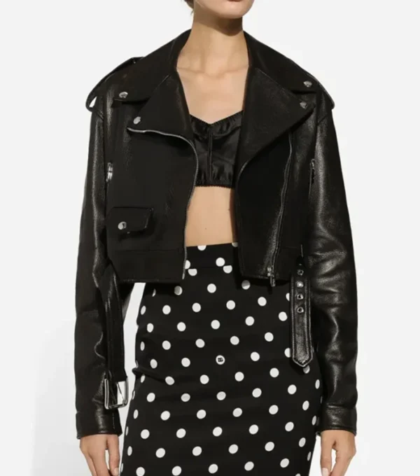 Women Cropped Belted Moto Leather Jacket Sale