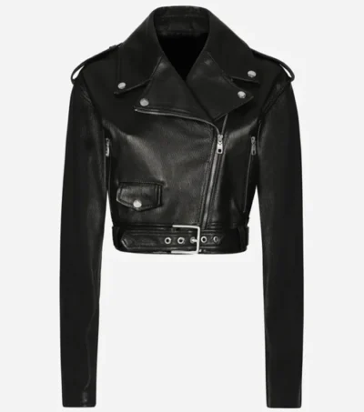 Women Cropped Belted Moto Leather Jacket on Sale