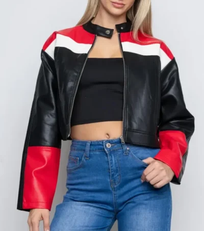 Women Cropped Cafe Racer Leather Jacket Front
