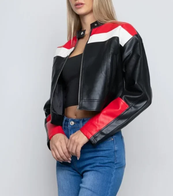 Women Cropped Cafe Racer Leather Jacket Side Look