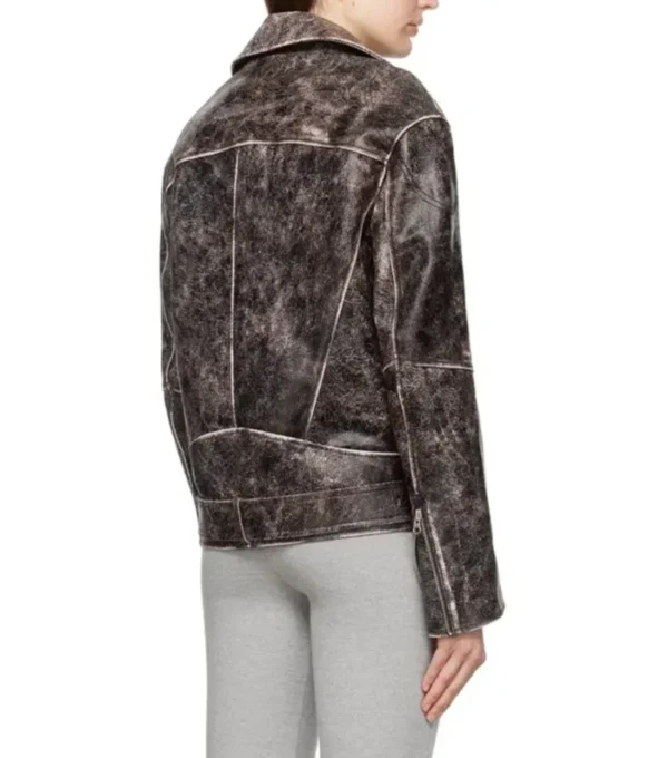 Women Distressed Biker Style Leather Jacket Back
