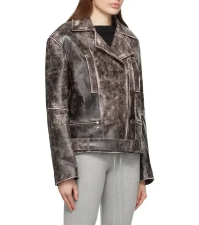 Women Distressed Biker Style Leather Jacket Side Look