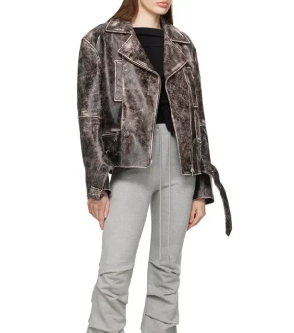 Women Distressed Biker Style Leather Jacket on Sale