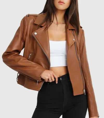 Women Motorcycle Style Brown Leather Jacket