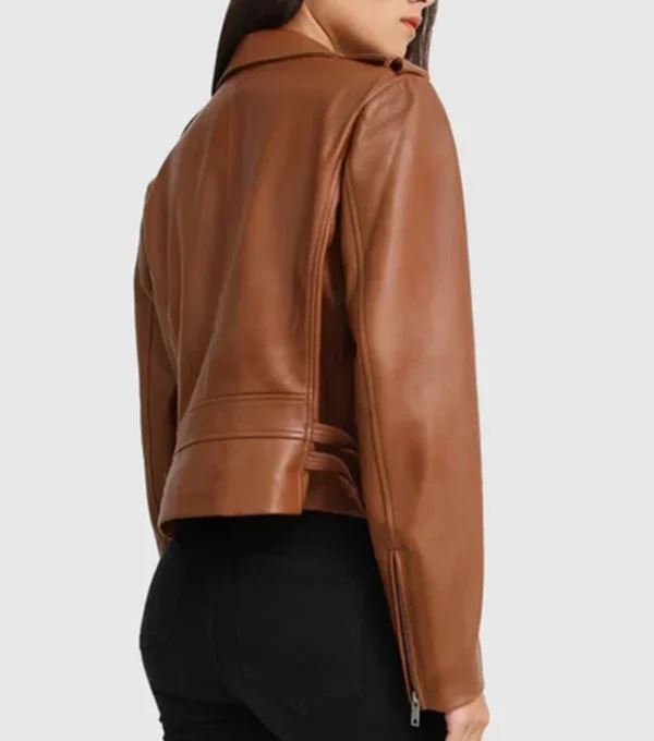 Women Motorcycle Style Brown Leather Jacket Back