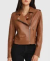 Women Motorcycle Style Brown Leather Jacket Front