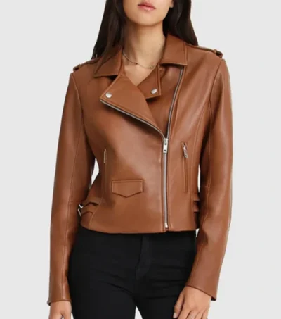 Women Motorcycle Style Brown Leather Jacket Front