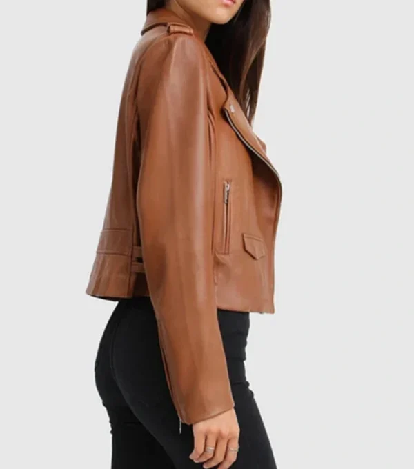Women Motorcycle Style Brown Leather Jacket on Sale