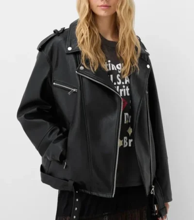 Women Oversized Black Leather Biker Jacket