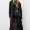 Women Oversized Black Leather Biker Jacket Front