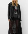 Women Oversized Black Leather Biker Jacket Front