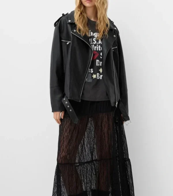 Women Oversized Black Leather Biker Jacket Front