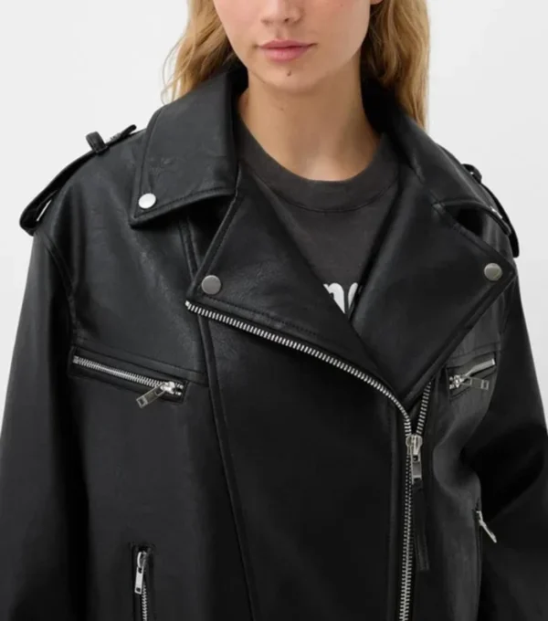 Women Oversized Black Leather Biker Jacket on Sale