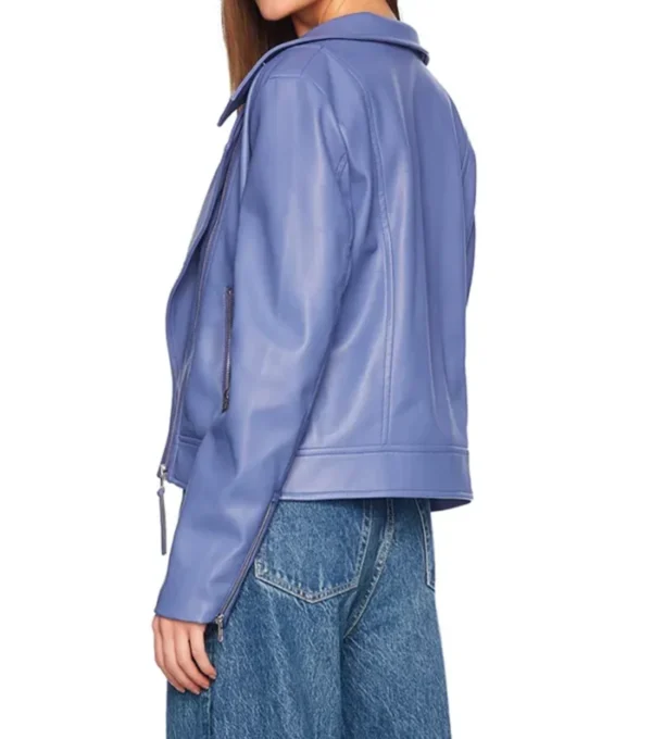 Women Purple Leather Zipper Jacket Back