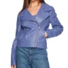 Women Purple Leather Zipper Jacket Front