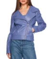Women Purple Leather Zipper Jacket Front