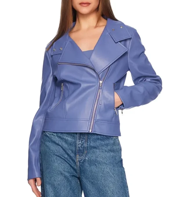 Women Purple Leather Zipper Jacket Front
