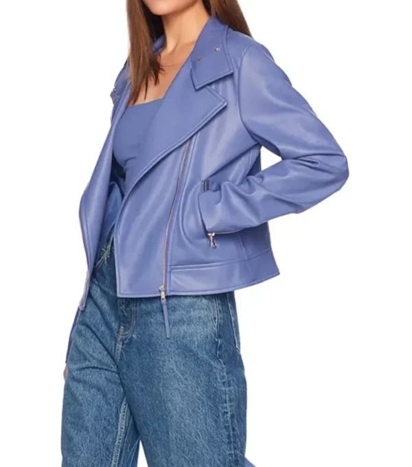 Women Purple Leather Zipper Jacket Side Look