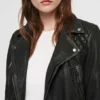 Women Quilted black leather jacket Front