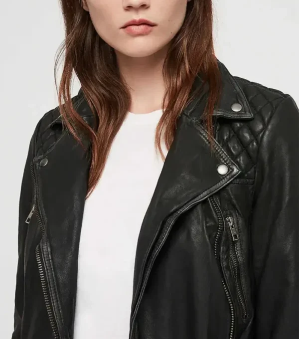 Women Quilted black leather jacket Front