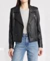 Women Slim Fit Black Biker Jacket in Leather