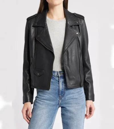 Women Slim Fit Black Biker Jacket in Leather