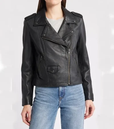 Women Slim Fit Black Biker Jacket in Leather Front