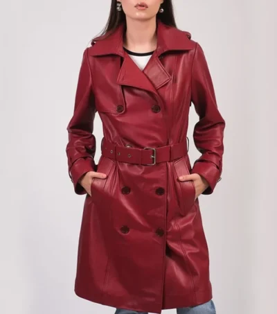 Women’s Belted Red Leather Trench Coat